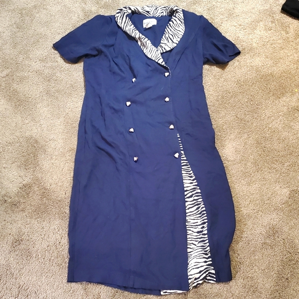 80s Danny & Nicole Navy Blue and Tiger Print Shoulder Pads Dress